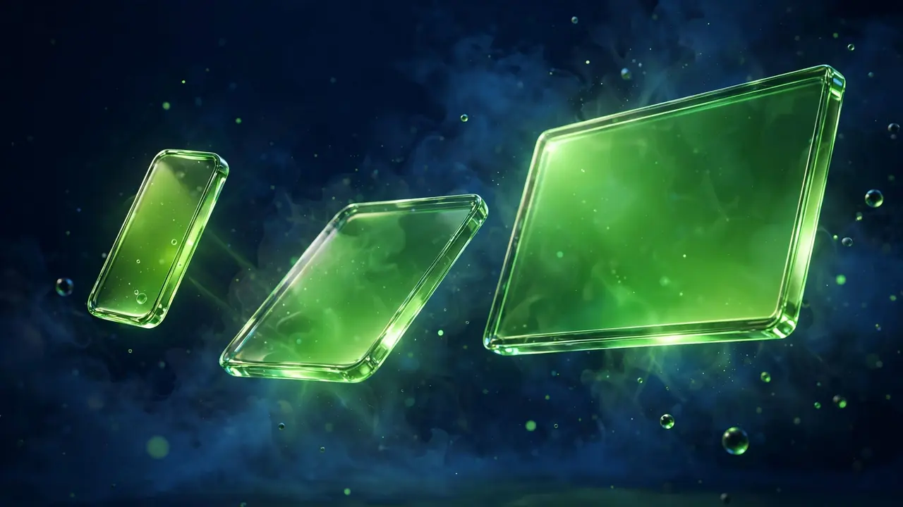 Abstract 3D illustration of glowing green glass smartphone, tablet and desktop shapes at different sizes on a navy background, representing responsive images for every device.