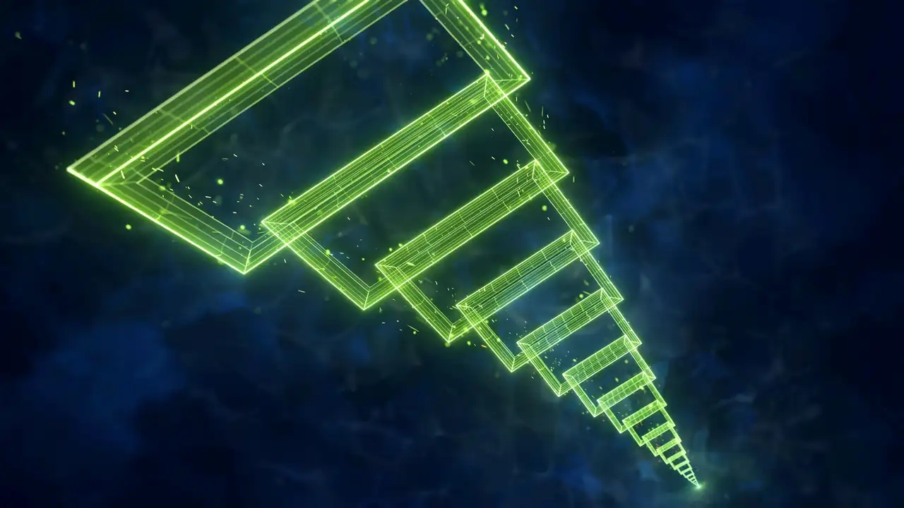 Abstract 3D illustration of nested glowing green wireframe rectangles cascading from large to small, representing the multiple image sizes WordPress creates for srcset.