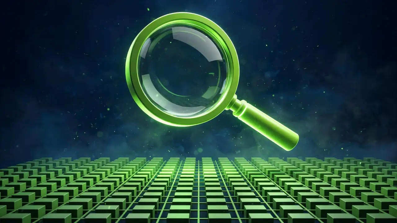 Abstract 3D illustration of a glowing green magnifying glass hovering over a geometric grid of cubes, representing verifying srcset markup in browser developer tools.