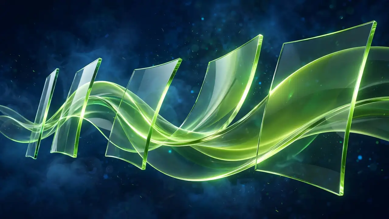 Abstract 3D illustration of flowing green glass panels of different widths side by side, representing how the sizes attribute describes image display width.