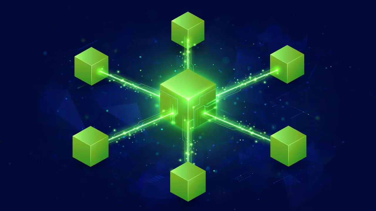 Abstract illustration of one central glowing block radiating syncing connection lines to several identical blocks around it, showing synchronization.