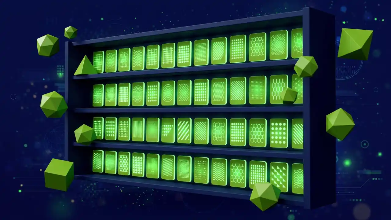 Abstract illustration of a pattern library shelf with neatly organized glowing content block tiles in rows and columns.