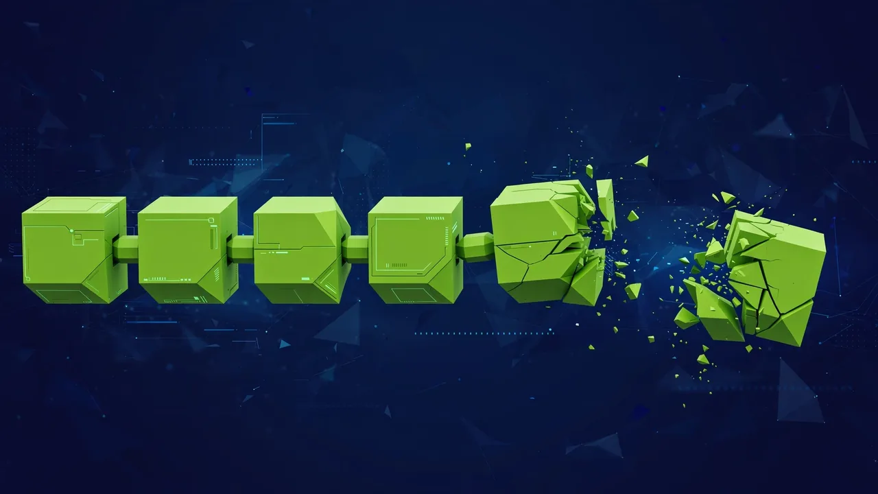 Abstract illustration of one block splitting into an independent copy breaking away from a chain, showing detaching.
