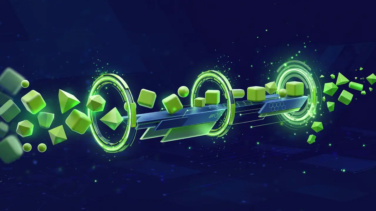 Abstract illustration of a tidy workflow pipeline with content blocks moving through labeled stages in a row, glowing green checkpoints.