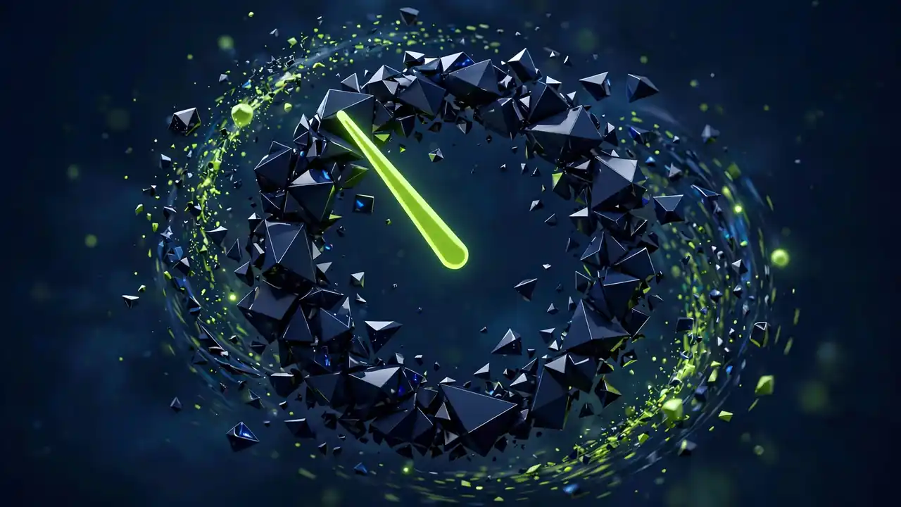 Abstract 3D illustration of a geometric clock face with its hand turning backward in green light, on a deep navy background.
