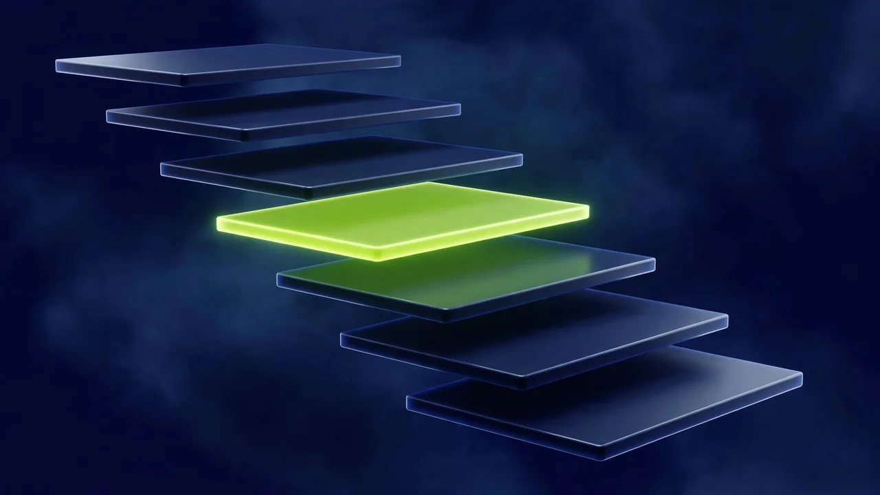 Abstract 3D illustration of stacked glowing slabs forming descending version layers with one highlighted in green, on a deep navy background.