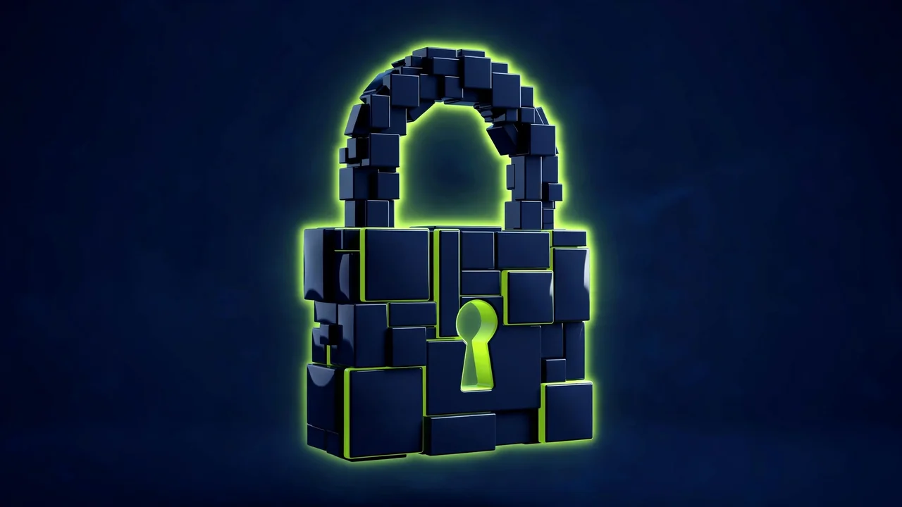 Abstract 3D illustration of a padlock built from navy geometric blocks with green accents, on a deep navy background.