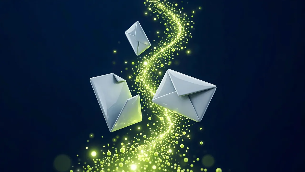 Abstract 3D illustration of geometric document shapes rising in a stream of green light, on a deep navy background.