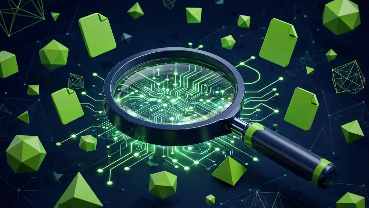 A magnifying glass revealing lines of code over floating files, representing manual malware inspection