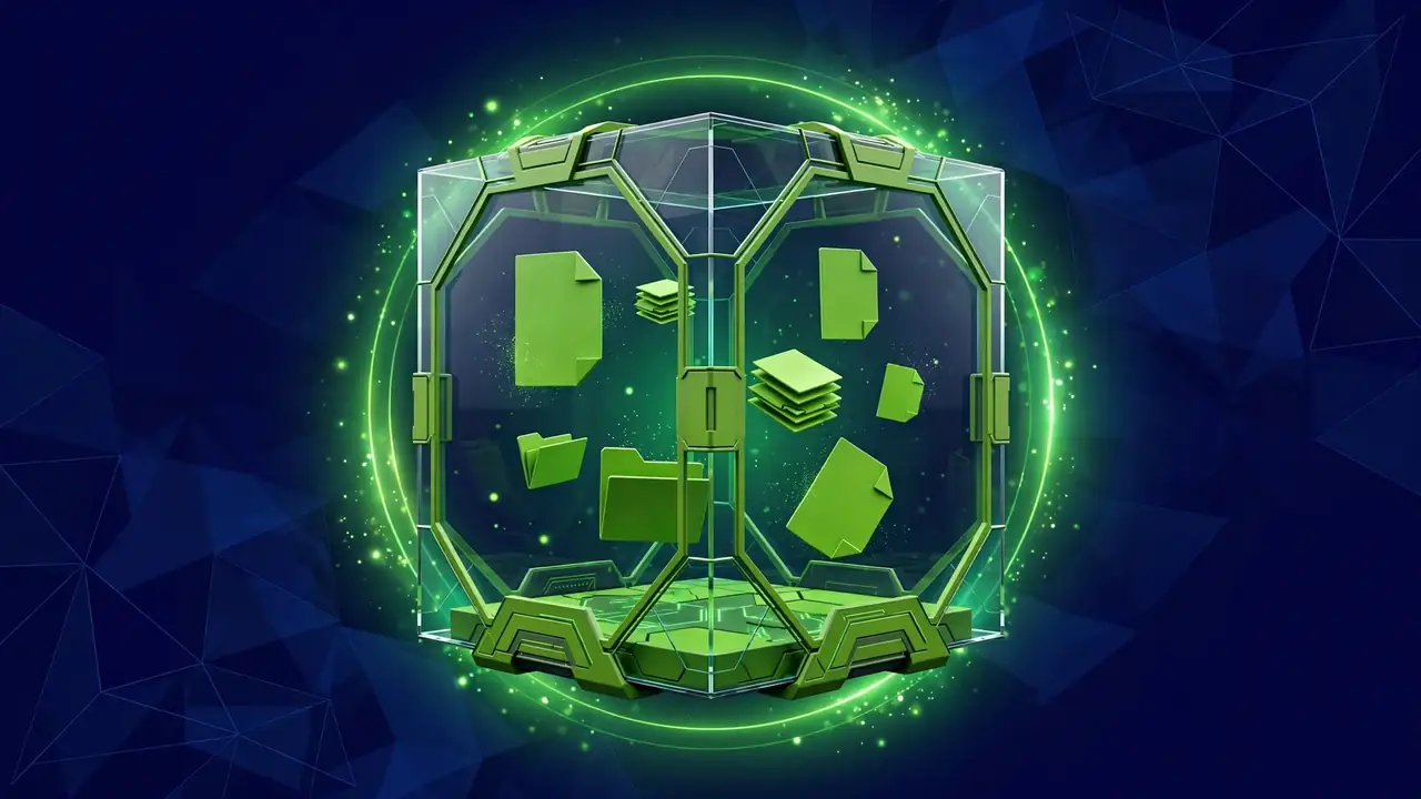 A sealed quarantine box holding suspicious files with a warning glow, representing safe malware isolation