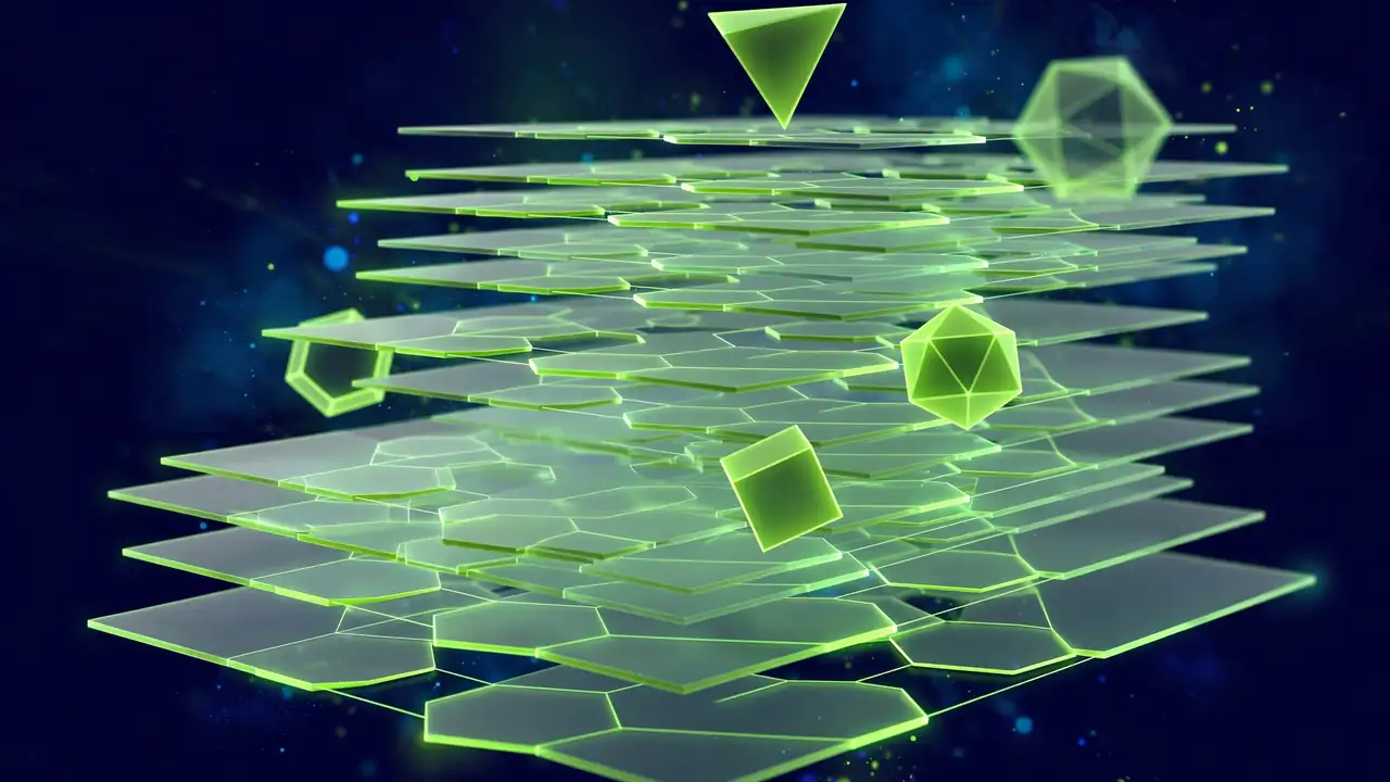 Abstract 3D illustration of stacked translucent layers of glowing code tiles, in deep navy and green