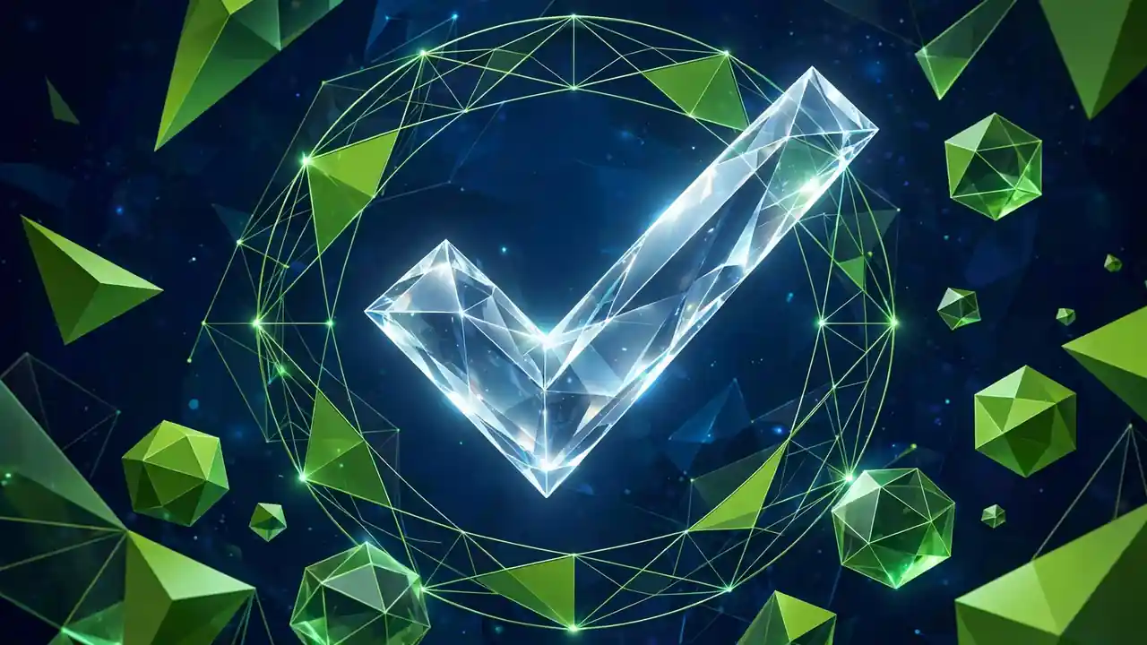 Abstract 3D illustration of a glowing crystal checkmark inside a circular frame, in deep navy and green