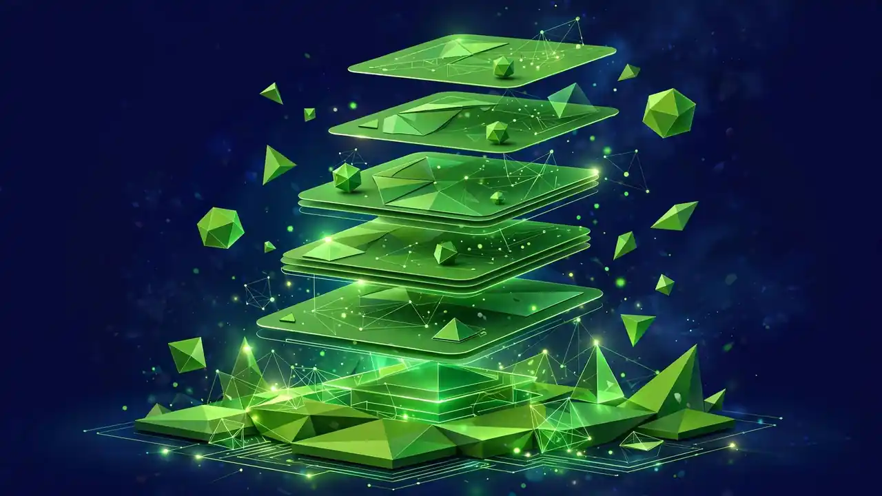 Abstract 3D illustration of layered cards rising from a glowing geometric base, in deep navy and green