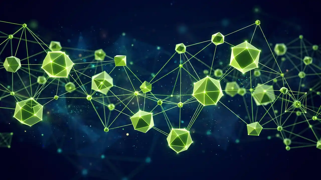 Abstract 3D illustration of a glowing web of connected geometric nodes, in deep navy and green