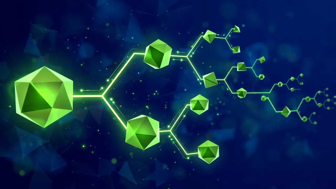 Abstract illustration of a document outline with nested glowing heading levels branching like a tree, representing heading hierarchy, on a deep navy background with green shapes.