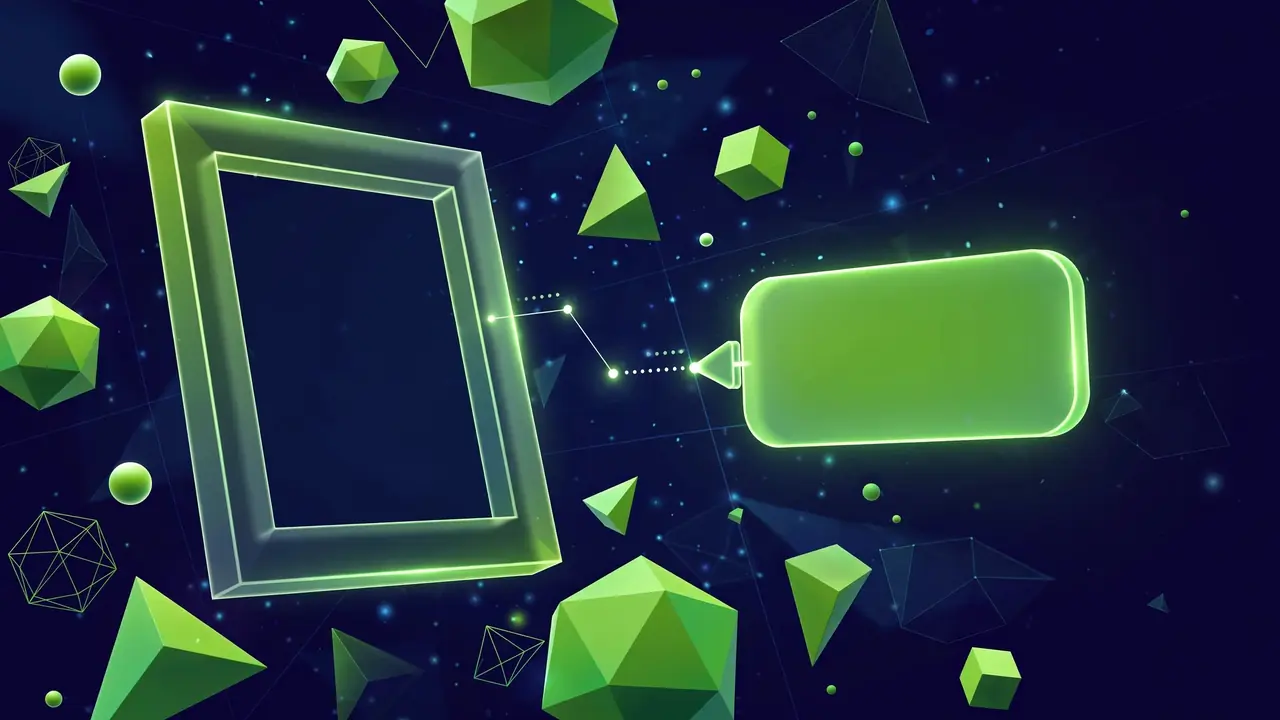 Abstract illustration of an image frame with a glowing description tag floating beside it, representing descriptive alt text, on a deep navy background with green shapes.