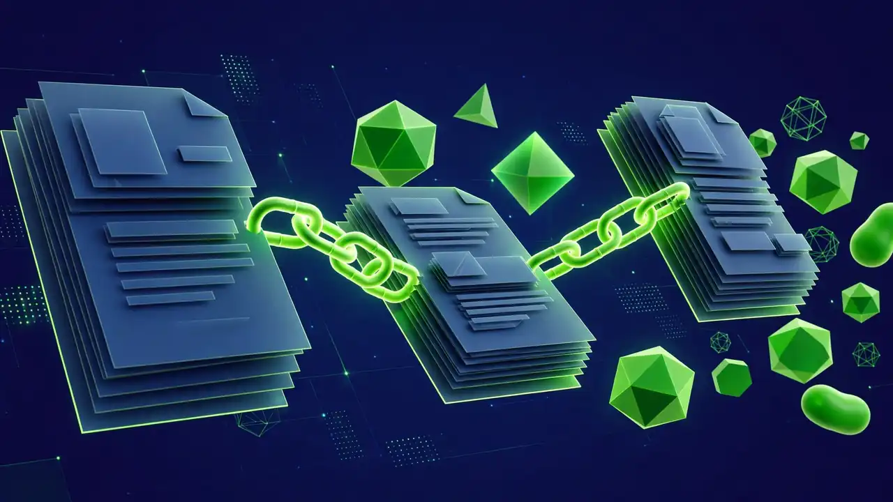 Abstract illustration of glowing chain links connecting document sections, representing descriptive hyperlinks, on a deep navy background with green shapes.