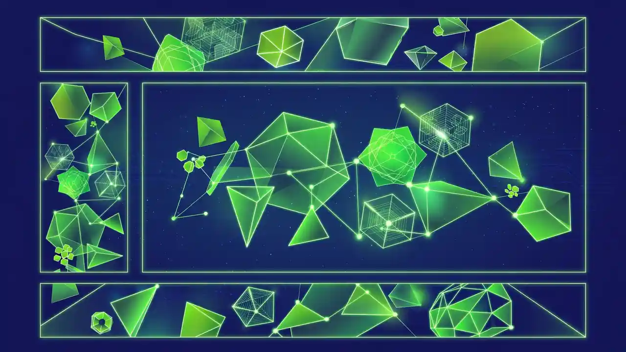Abstract illustration of a website page divided into glowing header, navigation, main and footer landmark zones, on a deep navy background with green shapes.