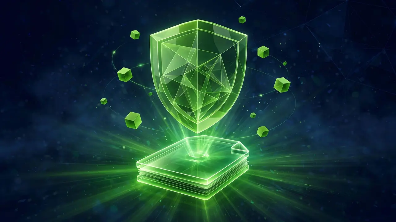 A glowing 3D shield protecting a document file, representing wp-config.php hardening