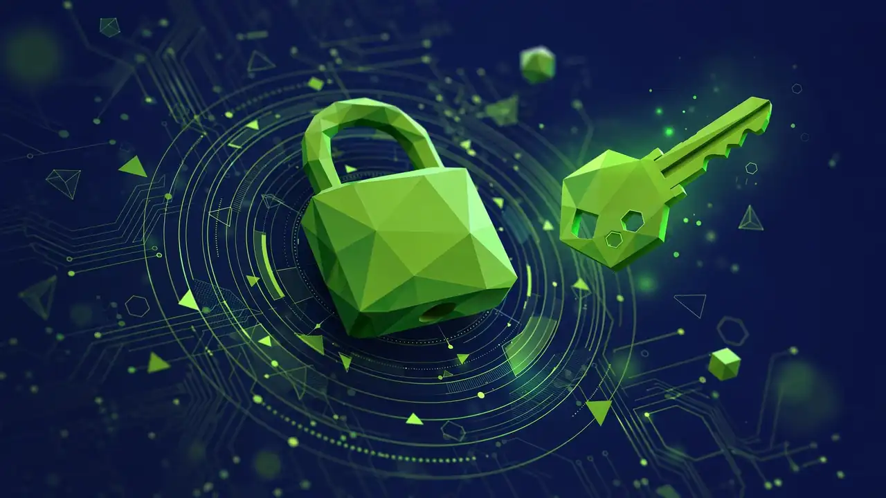 A 3D padlock surrounded by concentric permission rings with a glowing key, representing locked file permissions