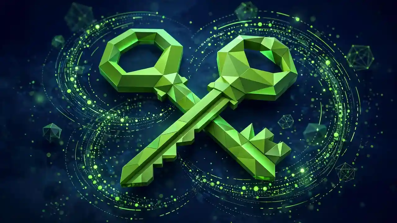 Two glowing 3D keys crossed with encrypted data streams, representing fresh WordPress security keys and salts