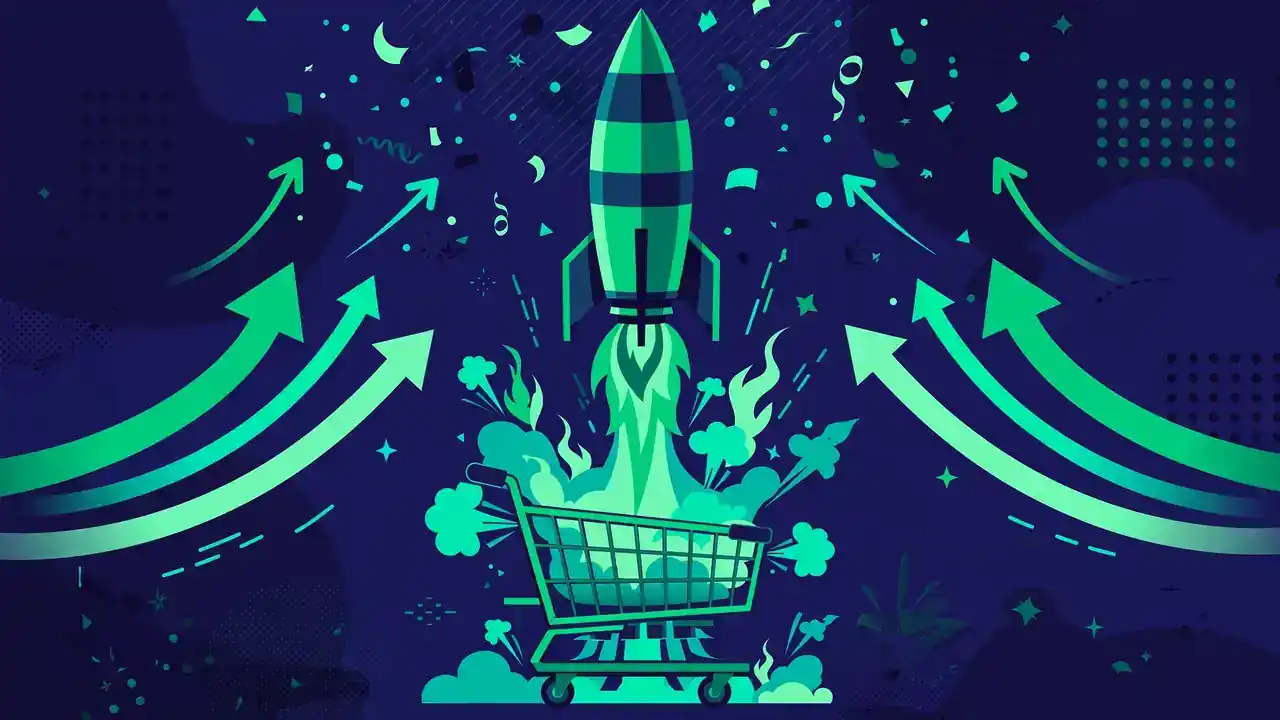 sell digital products WordPress — rocket launch from shopping cart illustration