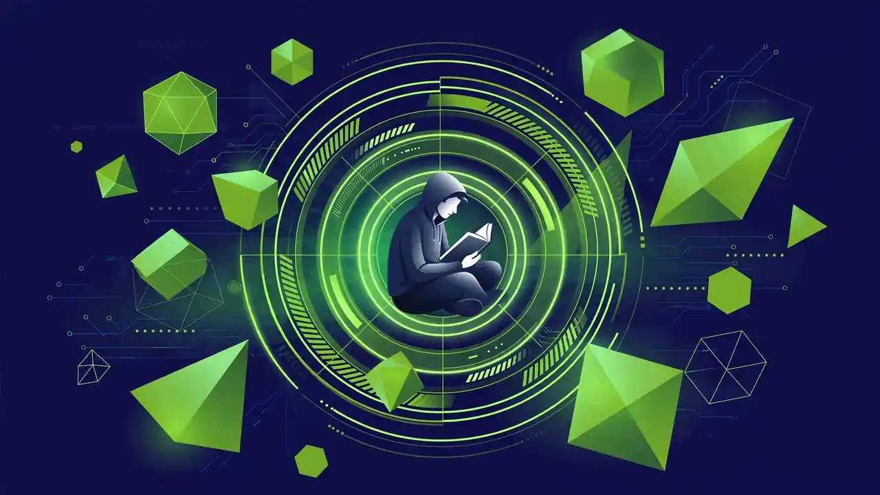 Abstract illustration of a reader figure at the center of a target ring on a deep navy background.