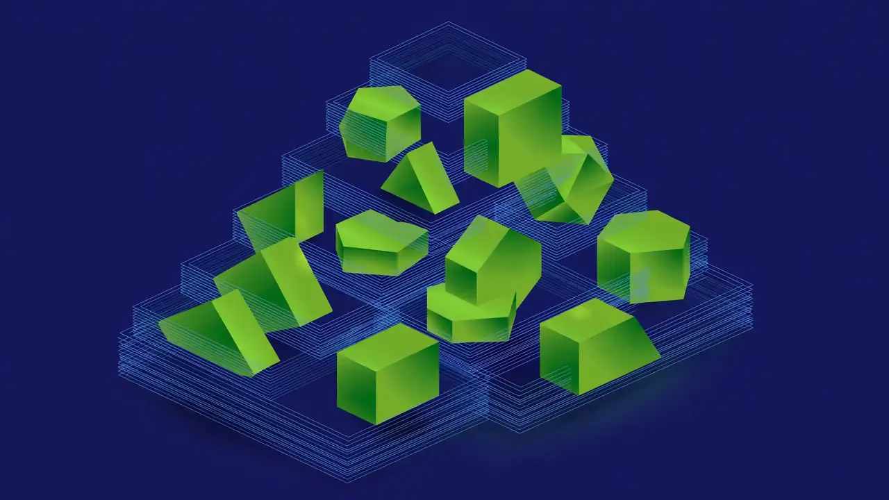 Abstract illustration of stacked page outlines forming a structured hierarchy on a deep navy background.