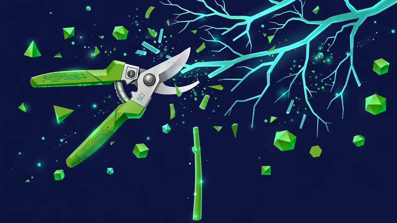 Abstract illustration of pruning shears trimming branches down to one clean stem on a deep navy background.