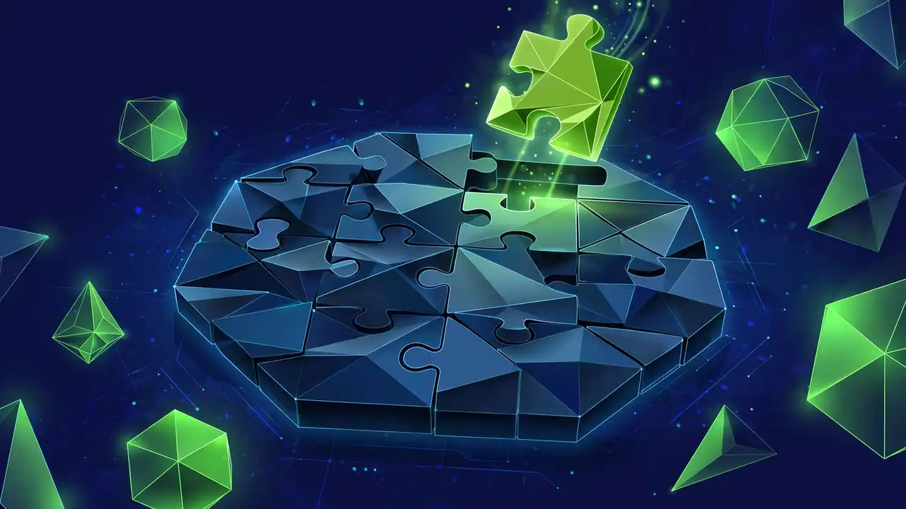 Abstract illustration of a final glowing puzzle piece being placed on a deep navy background.