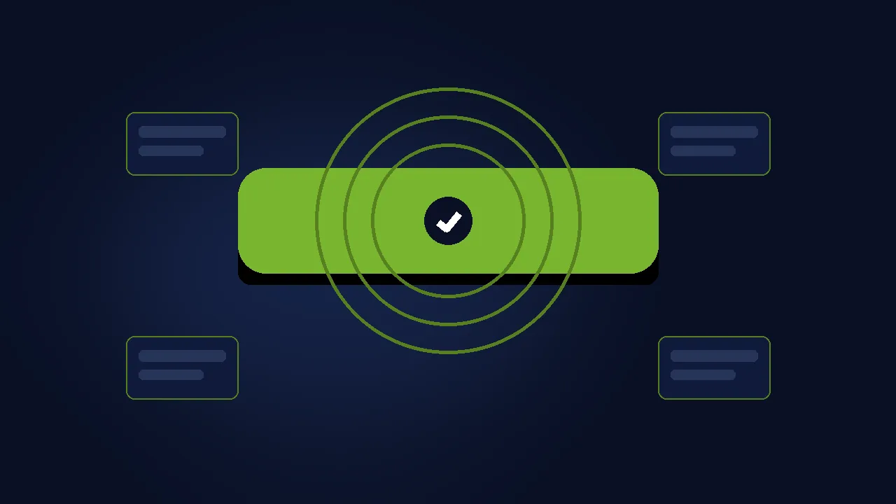 Abstract illustration of checkout step cards connected by arrows on a navy background.