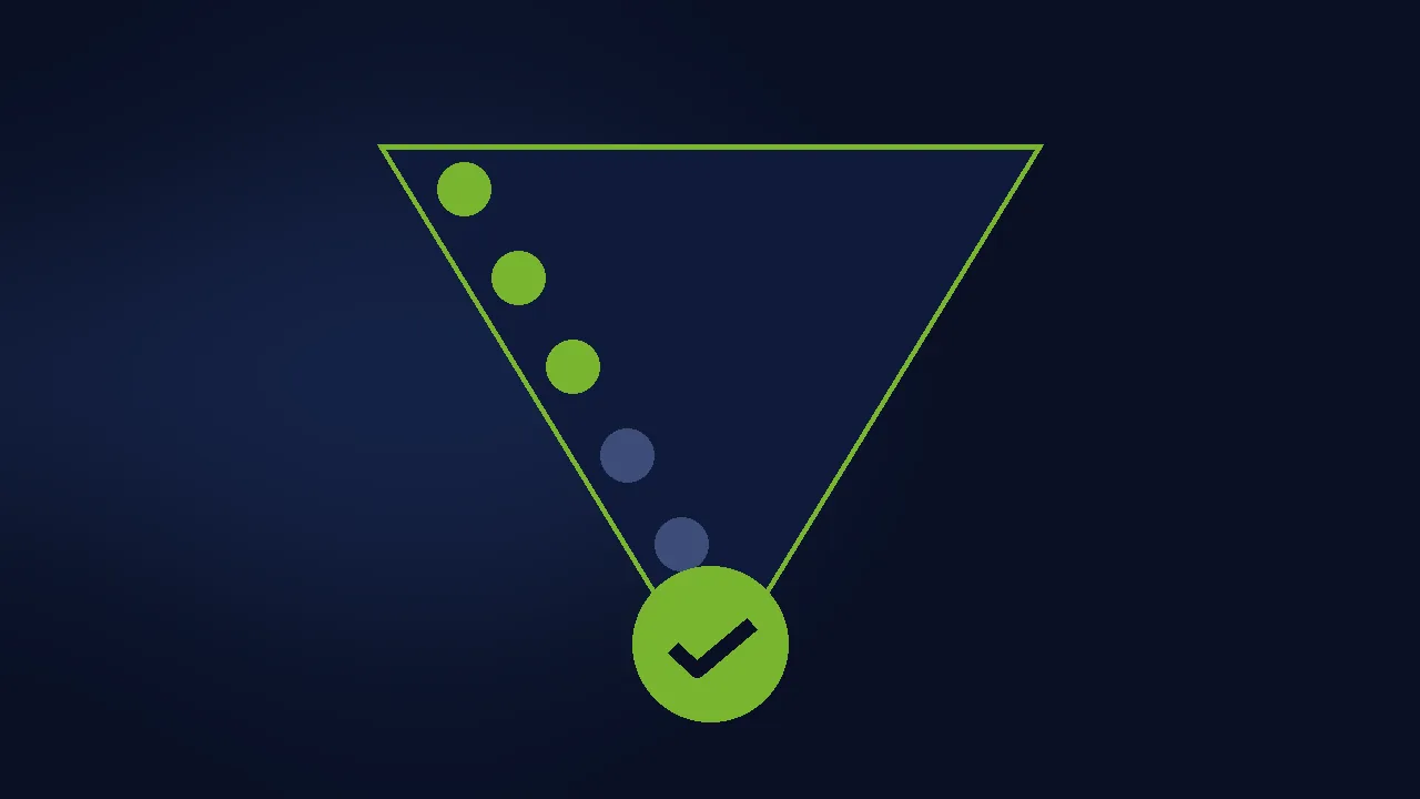 Abstract illustration of a sales funnel turning into a green checkmark on navy.