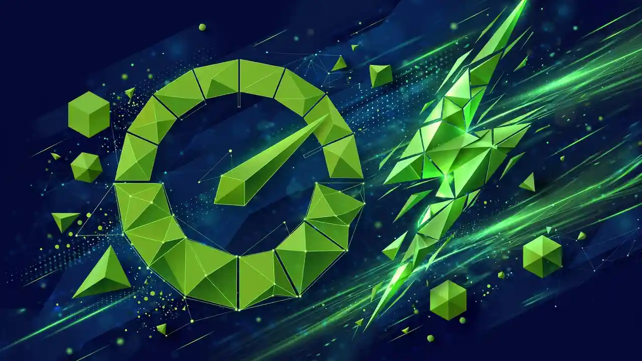 Abstract geometric illustration of a magnifying glass over performance charts representing website speed diagnosis, deep navy and green.