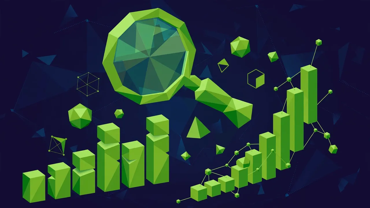 Abstract geometric illustration of a database cylinder being cleaned of bloat, deep navy background with green shapes.