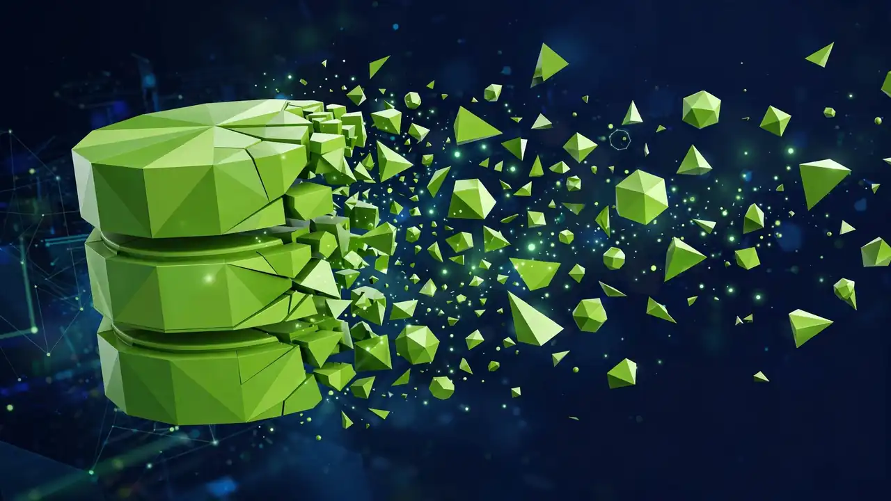Abstract geometric illustration of layered cache sheets speeding up page delivery, deep navy and green.