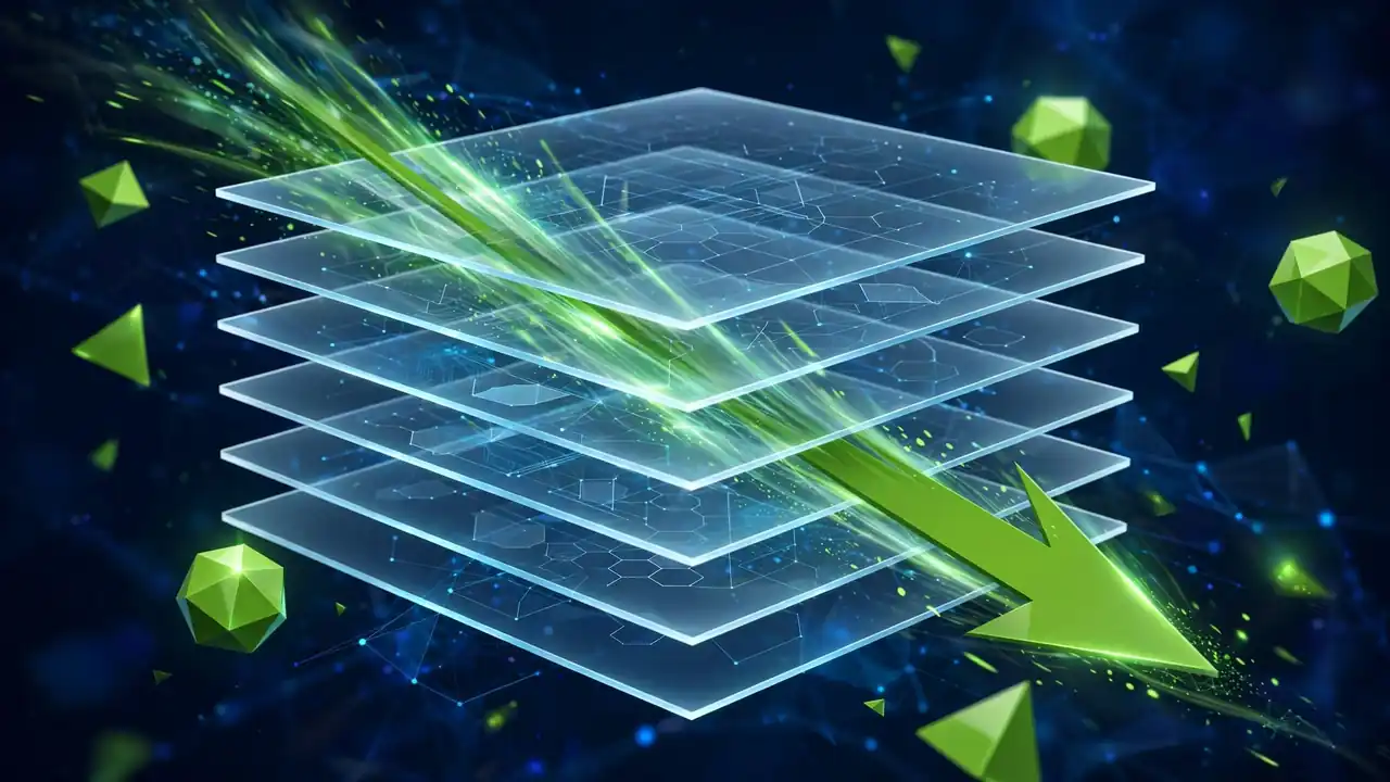 Abstract geometric illustration of an upward speed burst representing high-traffic store performance, deep navy and green.