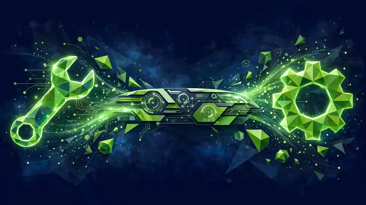 Abstract illustration of two glowing tools merging into one streamlined dashboard on a deep navy background.