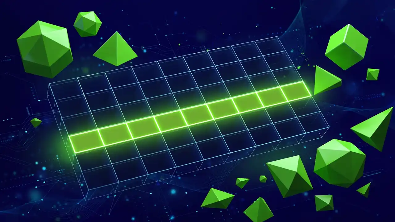 Abstract illustration of a simple spreadsheet grid with one highlighted glowing row on a deep navy background.