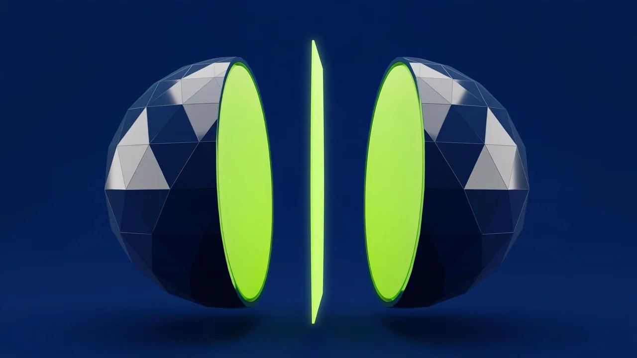 Abstract 3D illustration of a geometric sphere split into two perfect halves by a glowing green dividing plane, on a deep navy background.