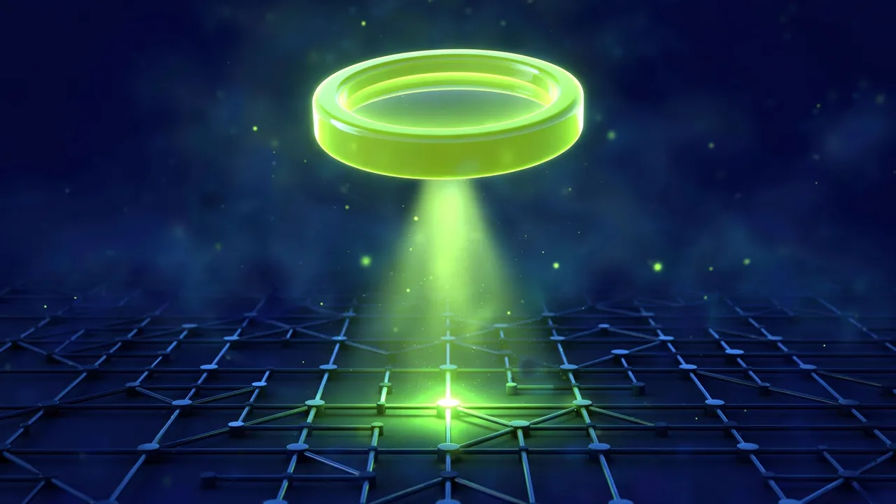 Abstract 3D illustration of a glowing green 3D magnifying lens hovering over a navy geometric grid with a beam of light, on a deep navy background.