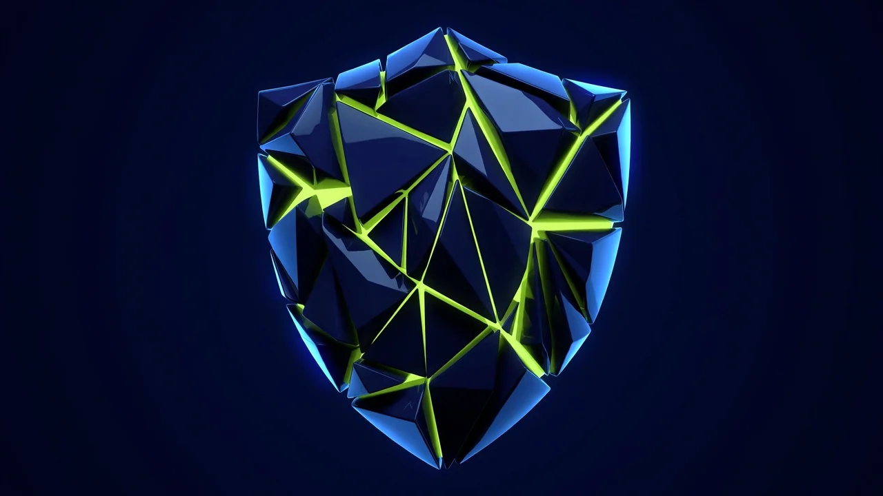 Abstract 3D illustration of a shield assembled from navy geometric shards joined by glowing green seams, on a deep navy background.