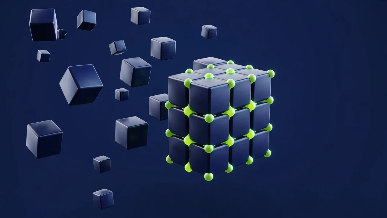 Abstract 3D illustration of scattered geometric cubes rejoining into one stable structure, in green and navy.