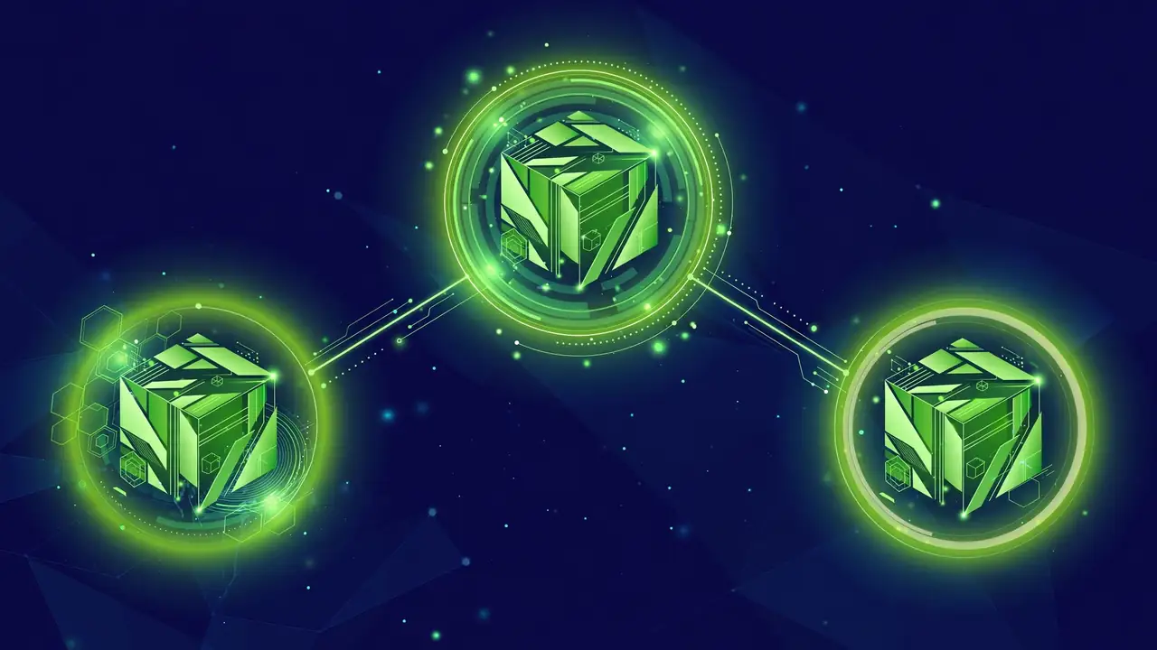Abstract geometric illustration of a safe update pipeline moving from staging to production, deep navy and green.