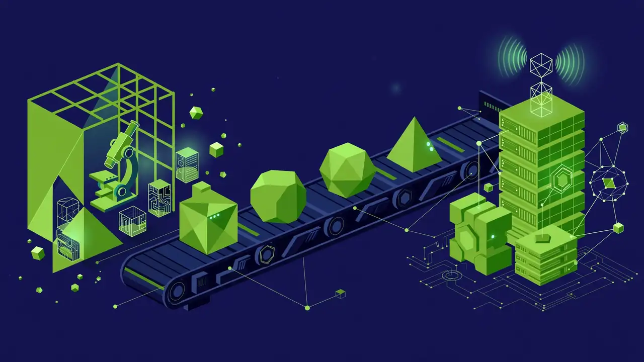 Abstract geometric illustration of a calendar with scheduled maintenance checkmarks, deep navy and green.