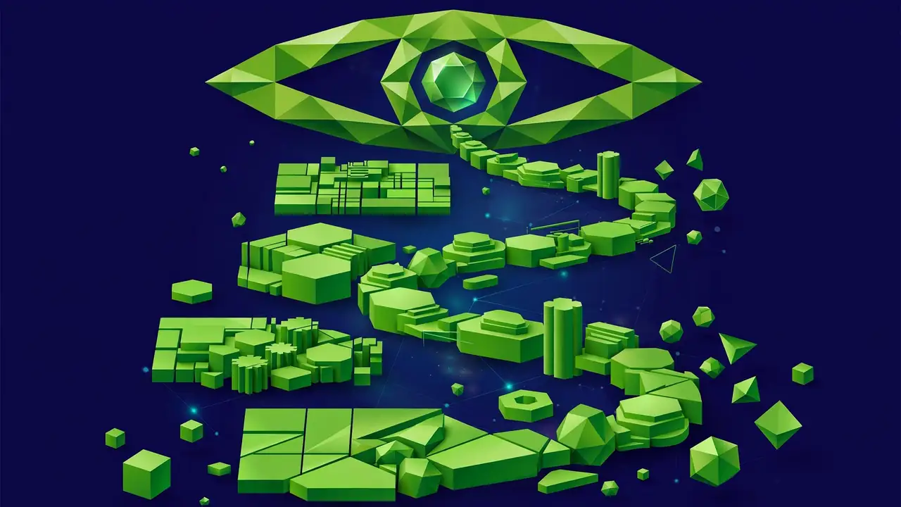 Abstract geometric illustration of a document page with highlighted benefit text, deep navy and green.