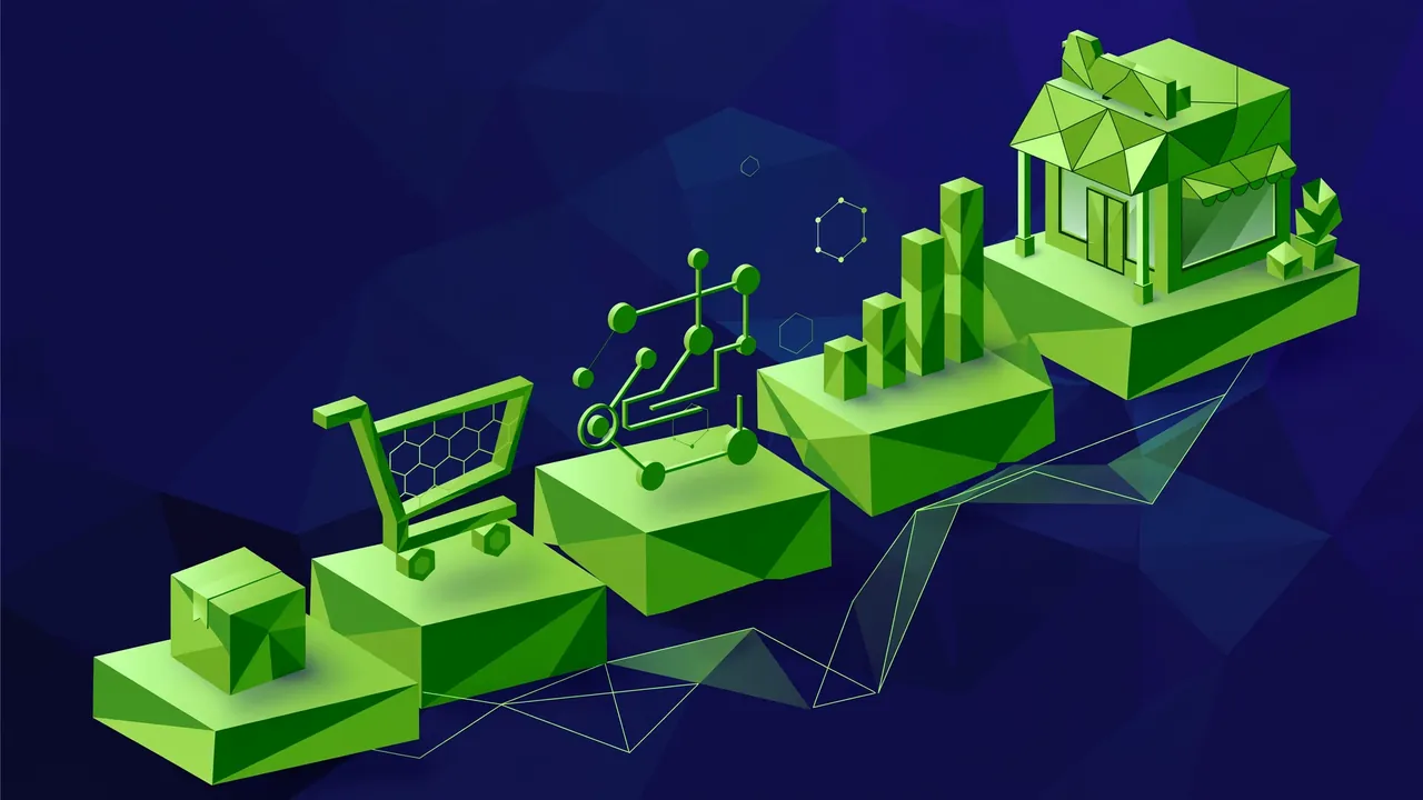 Abstract geometric illustration of a secure payment flow with card and gateway shapes, deep navy and green.