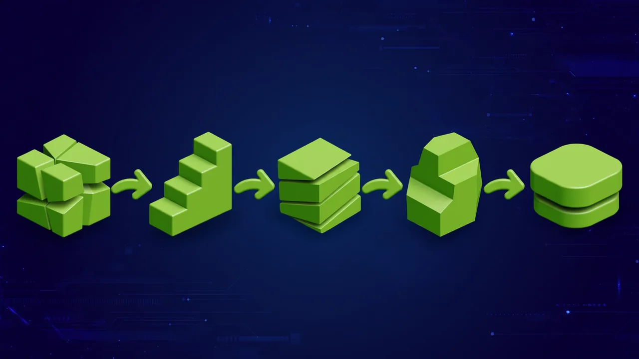 Abstract geometric illustration of shipping boxes and delivery routes, deep navy background with green shapes.