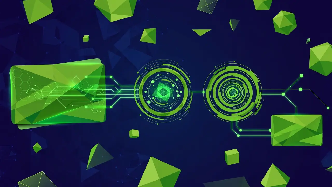 Abstract geometric illustration of a storefront launch with an upward arrow, deep navy and green.