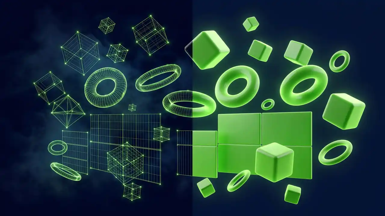Abstract 3D illustration of a glowing paintbrush tip and cascading style-sheet layers in green on deep navy, representing custom CSS in WordPress.