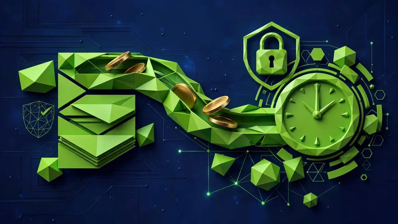 Abstract illustration of a secure payment flow with coins and a deadline clock on a deep navy background.